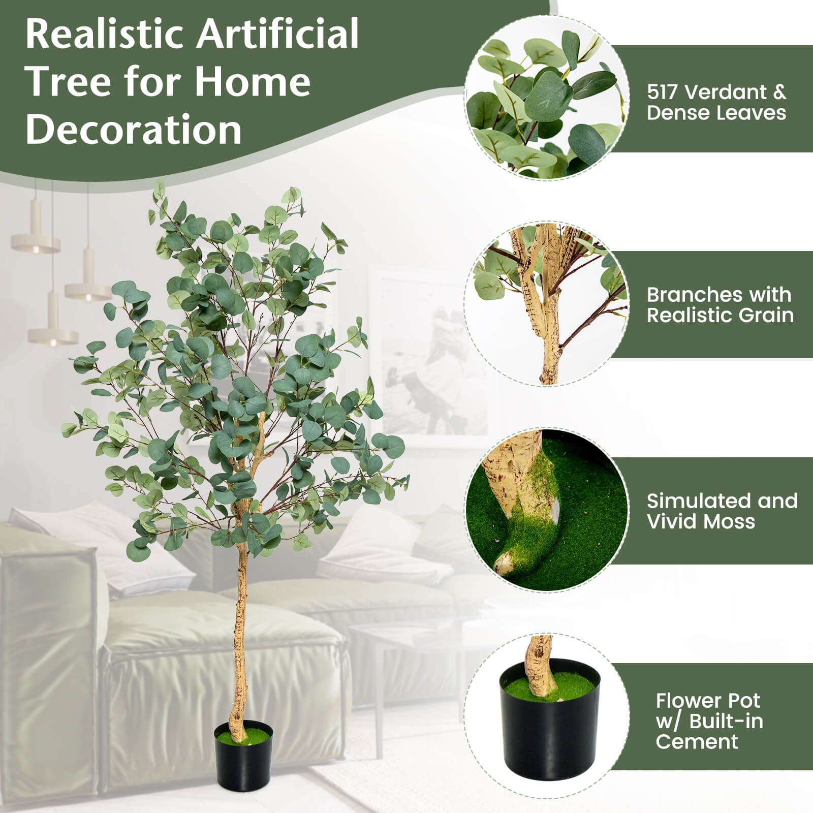 1.65m Artificial Eucalyptus Tree with Silver Dollar Leaves